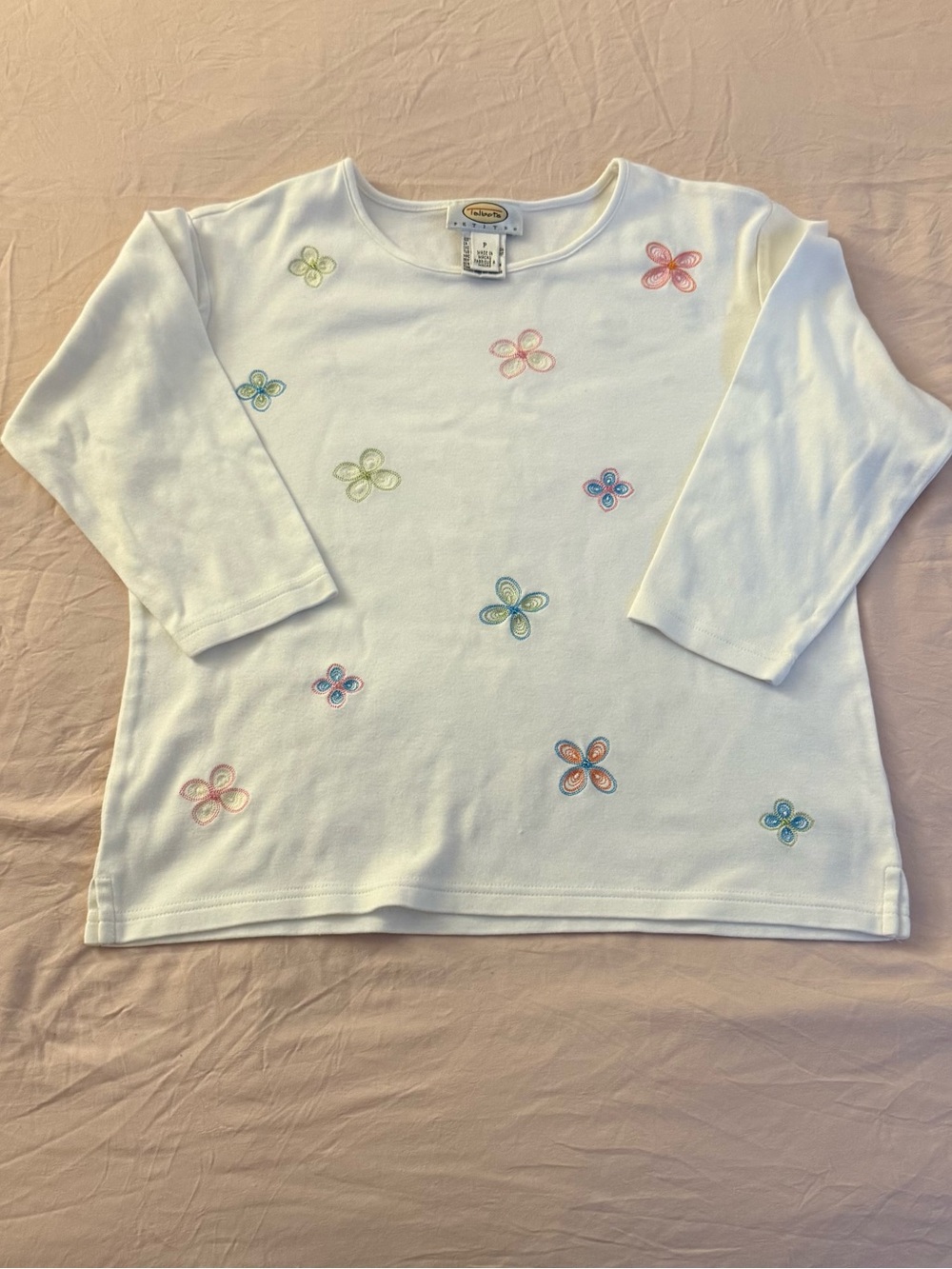 Vintage Talbots Petite white cotton top with embroidered flowers, size P